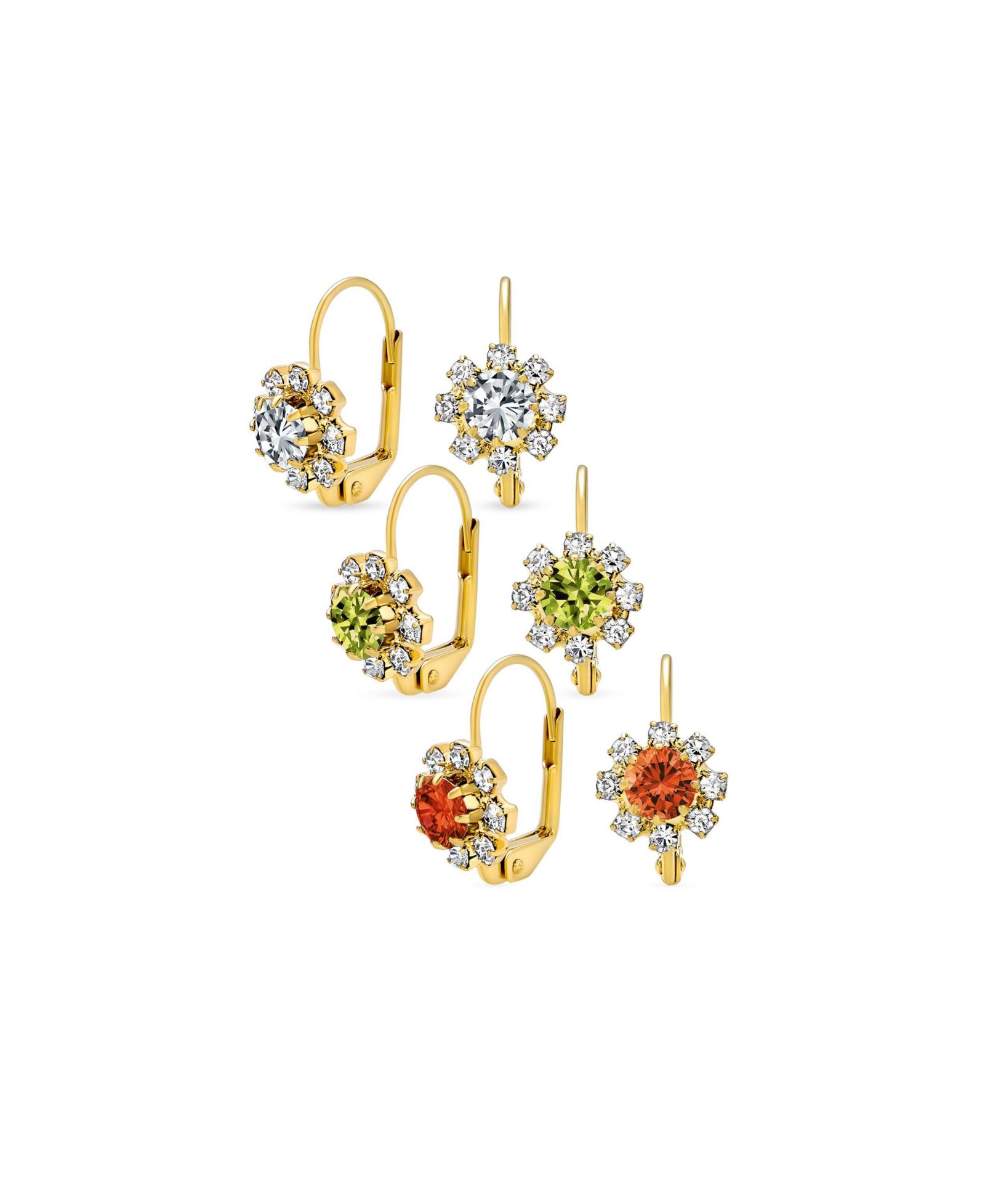 Bling Jewelry Blue Purple Black Crystal Flower Drop Earrings Gold Tone Lever Back (3 Set)
