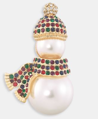Holiday Lane Gold-Tone Imitation Pearl Snowman Multicolor Crystal Pin