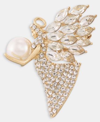 Holiday Lane Gold-Tone Crystal Angel Imitation Pearl Pin