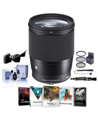 Объектив Sigma 16mm f/1.4 DC DN Contemporary для Canon EF-M, черный, комплект с фильтром ProOptic 67 мм, блендой Flex, набором для чистки, шнурком для объектива, объектив