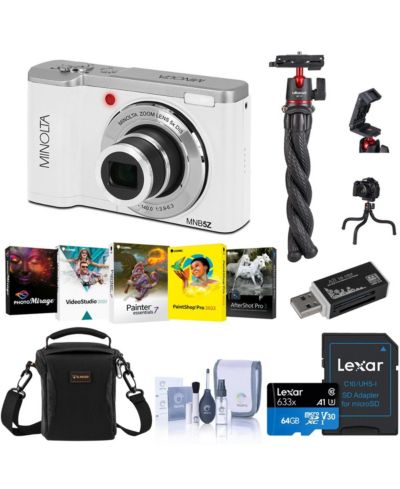 Цифровая камера Minolta MNB5Z 56MP 5K Ultra HD с 2.8" ЖК-экраном, белый, комплект с сумкой через плечо, картой памяти 64GB, штативом, набором для чистки, программным обеспечением для ПК