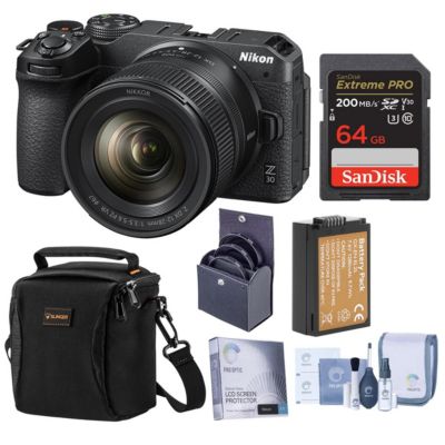 Nikon Z 30 Mirrorless Camera with NIKKOR Z DX 12-28mm f/3.5-5.6 PZ VR Lens, Bundle with 64GB Memory Card, Shoulder Bag, EN-EL25 Battery