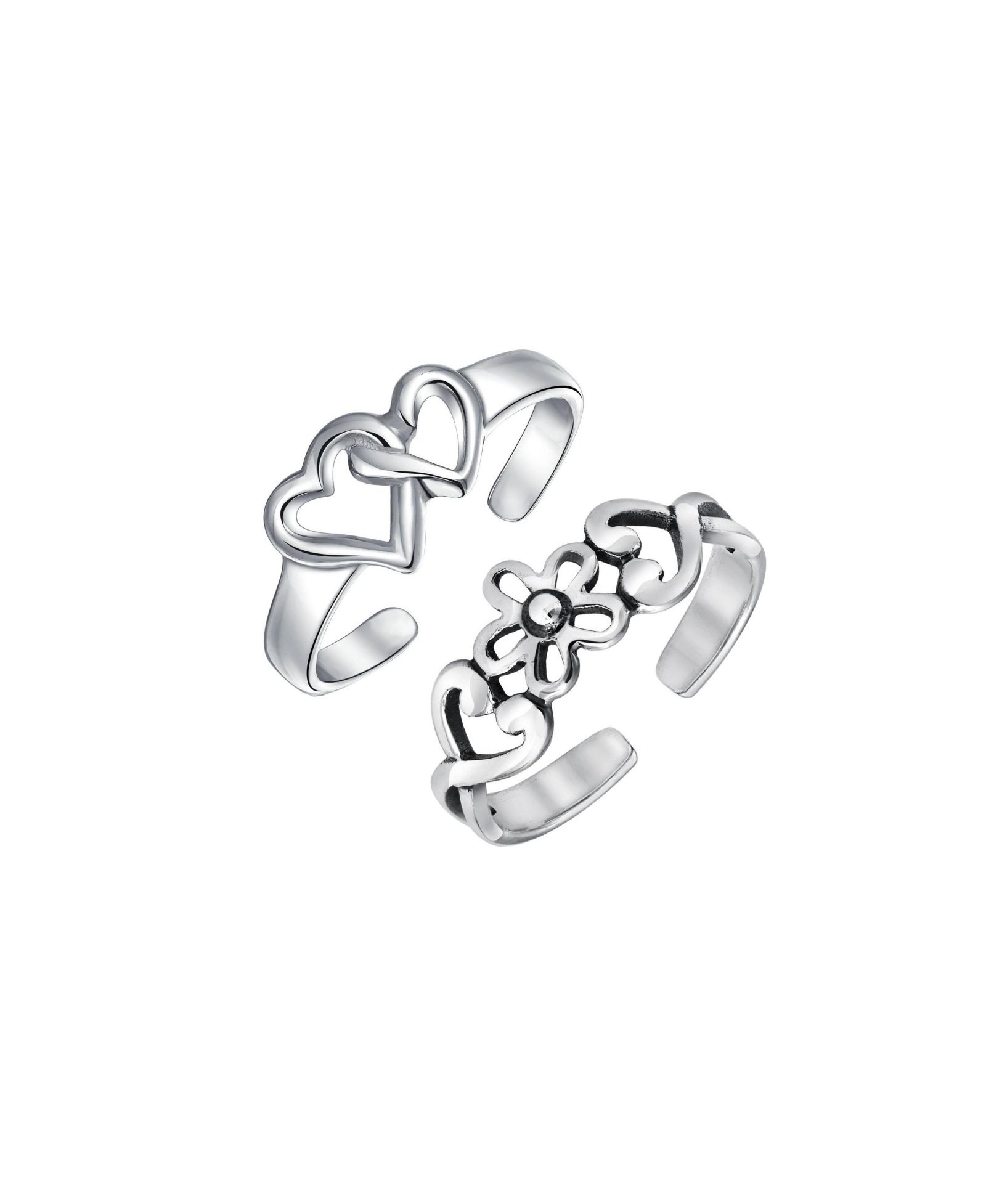 Bling Jewelry Flower and Interlocking Hearts Midi Toe Ring .925 Sterling Silver (Set of 2)