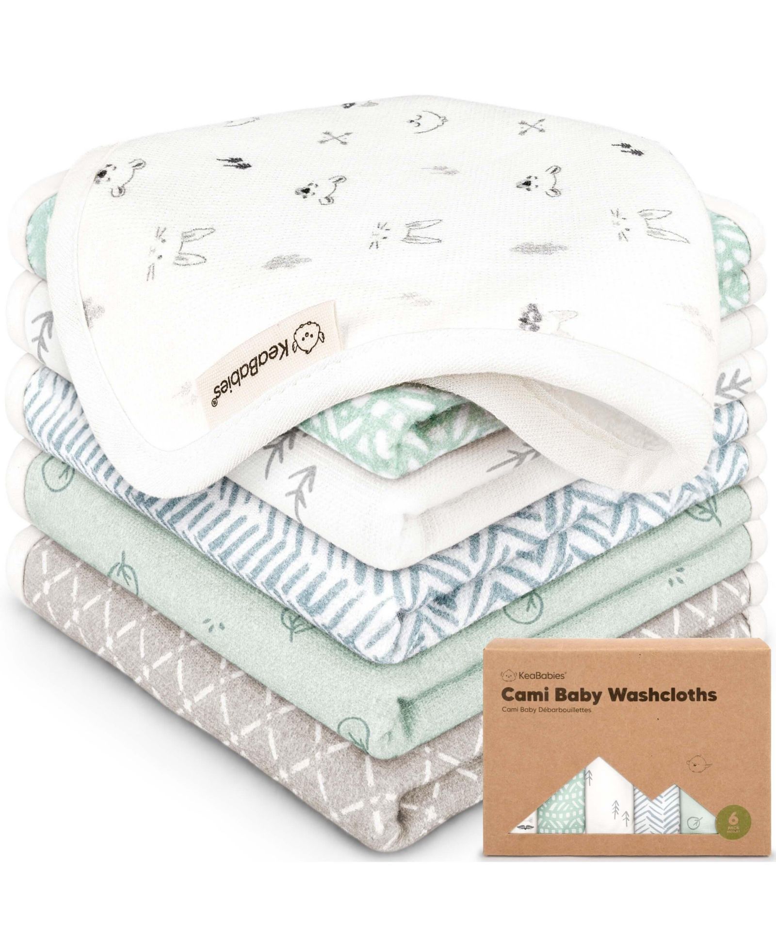 KeaBabies 6-Pack Cami Baby Washcloths for Newborn, Cotton Face Wash Cloths for Babies, Soft & Absorbent Baby Bath Towels