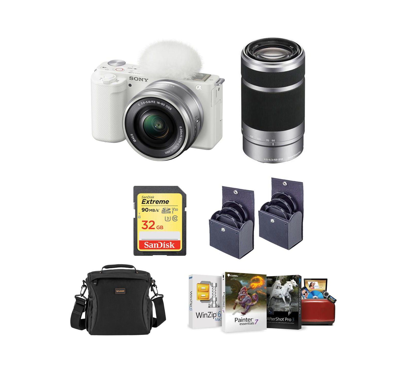 Sony ZV-E10 Mirrorless Vlog Camera с объективом 16-50mm Black — комплект с объективом E 55-210mm f/4.5-6.3 OSS, Corel Mac Software Kit, 32GB SD Card