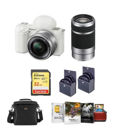 Sony ZV-E10 Camera w/16-50 and 55-210mm Lens, White w/Mac Software Kit