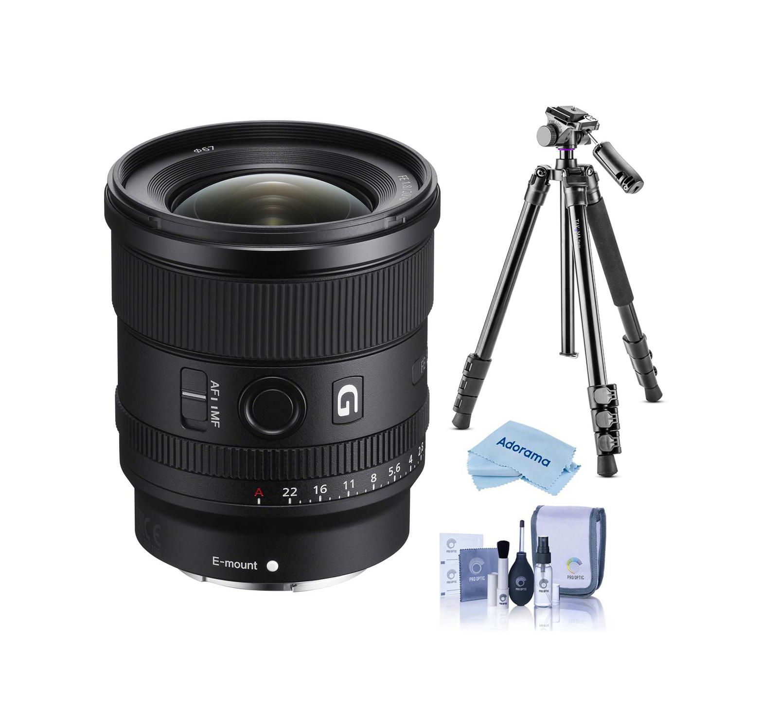 Объектив Sony FE 20mm f/1.8 G с штативом и набором для чистки для креплений Sony E-Mount, комплект из 3 предметов