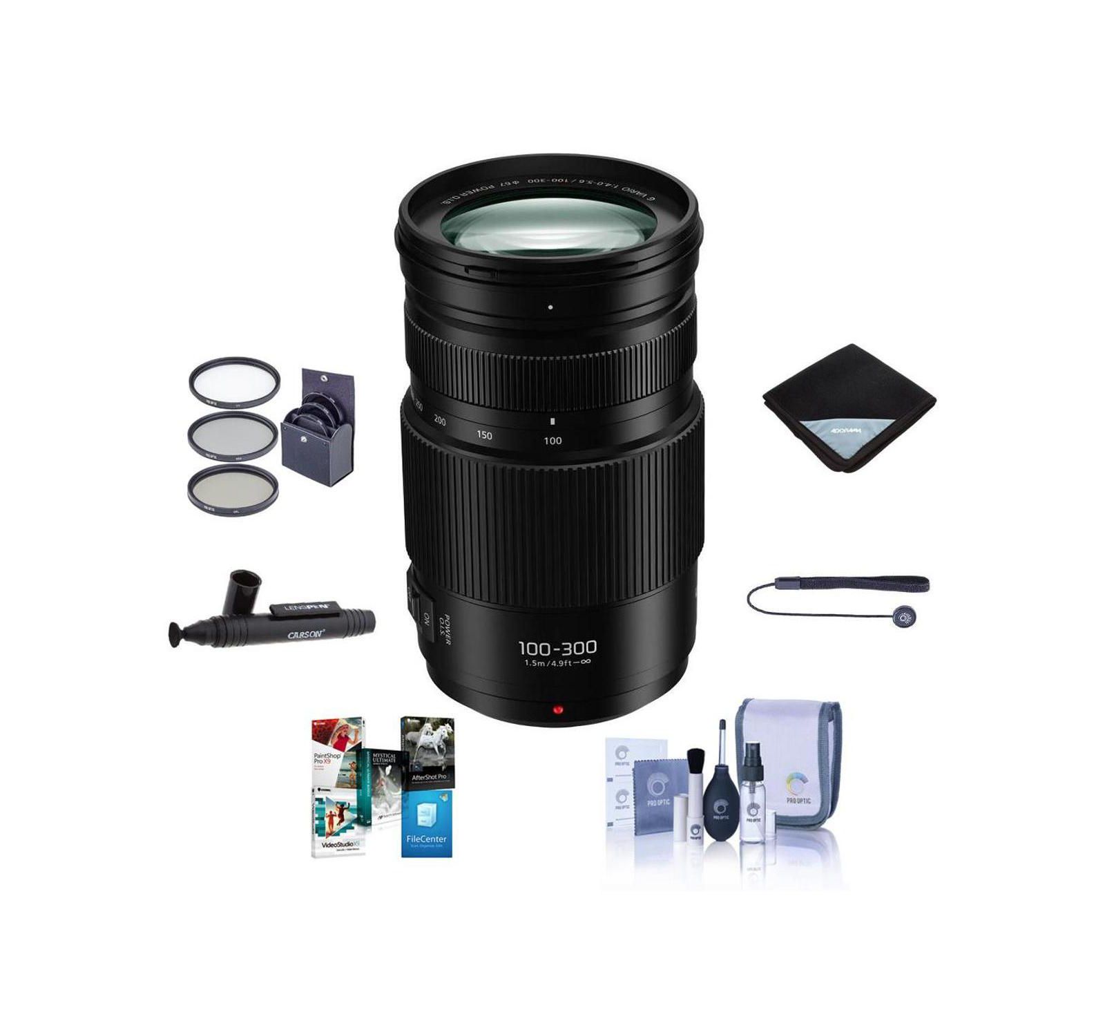 Panasonic LUMIX G II Vario 100-300mm f/4.0-5.6, Mirrorless Micro Four Thirds, Power O.I.S Zoom Lens Bundle with Filter Kit + Lens Wrap + PC