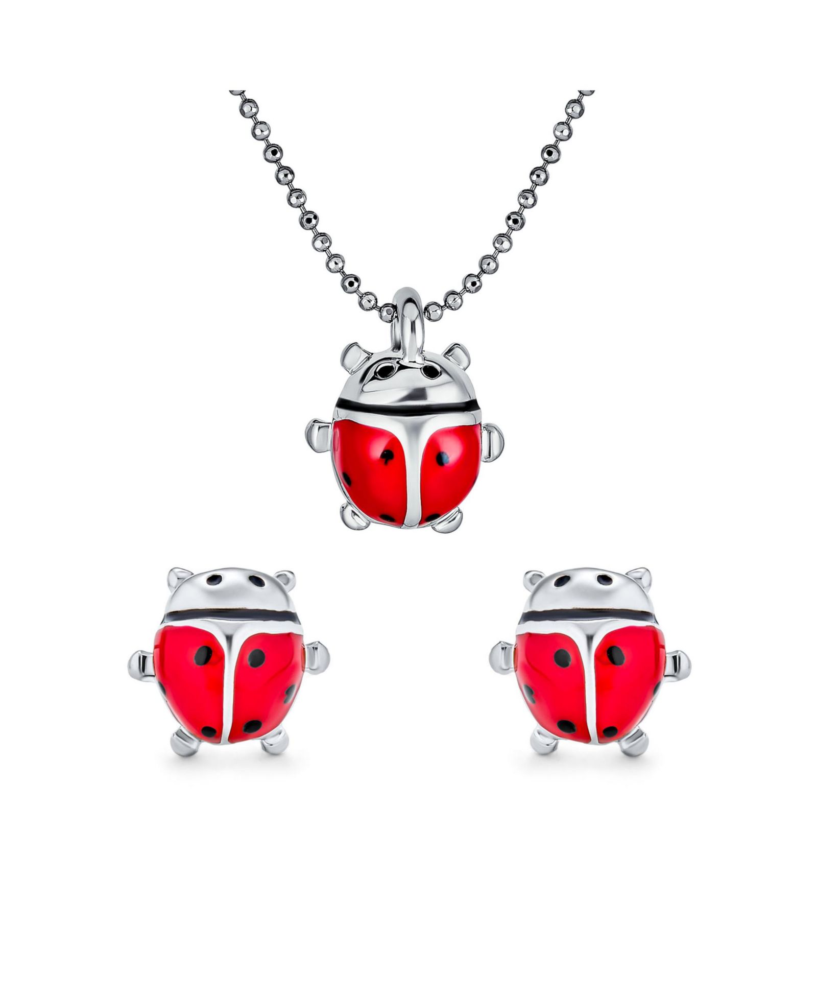 Bling Jewelry Red Enamel Lucky Ladybug Pendant Necklace and Stud Earrings Set Silver Plated