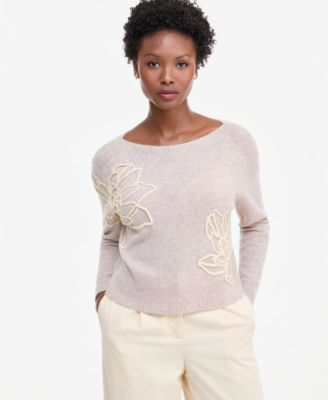 Charter Club Petite Bold Floral Embroidery Cashmere Sweater, Exclusively at Macy's