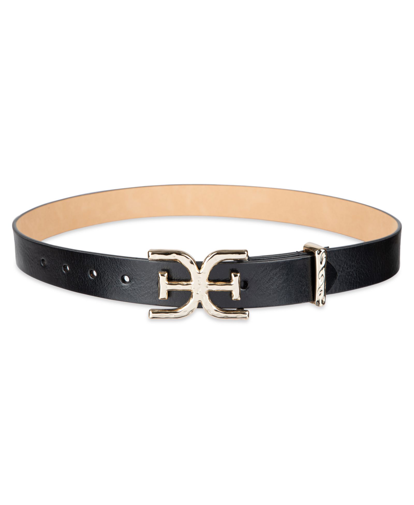 Sam Edelman Women's Hammered Double-E Logo Plaque Buckle Belt