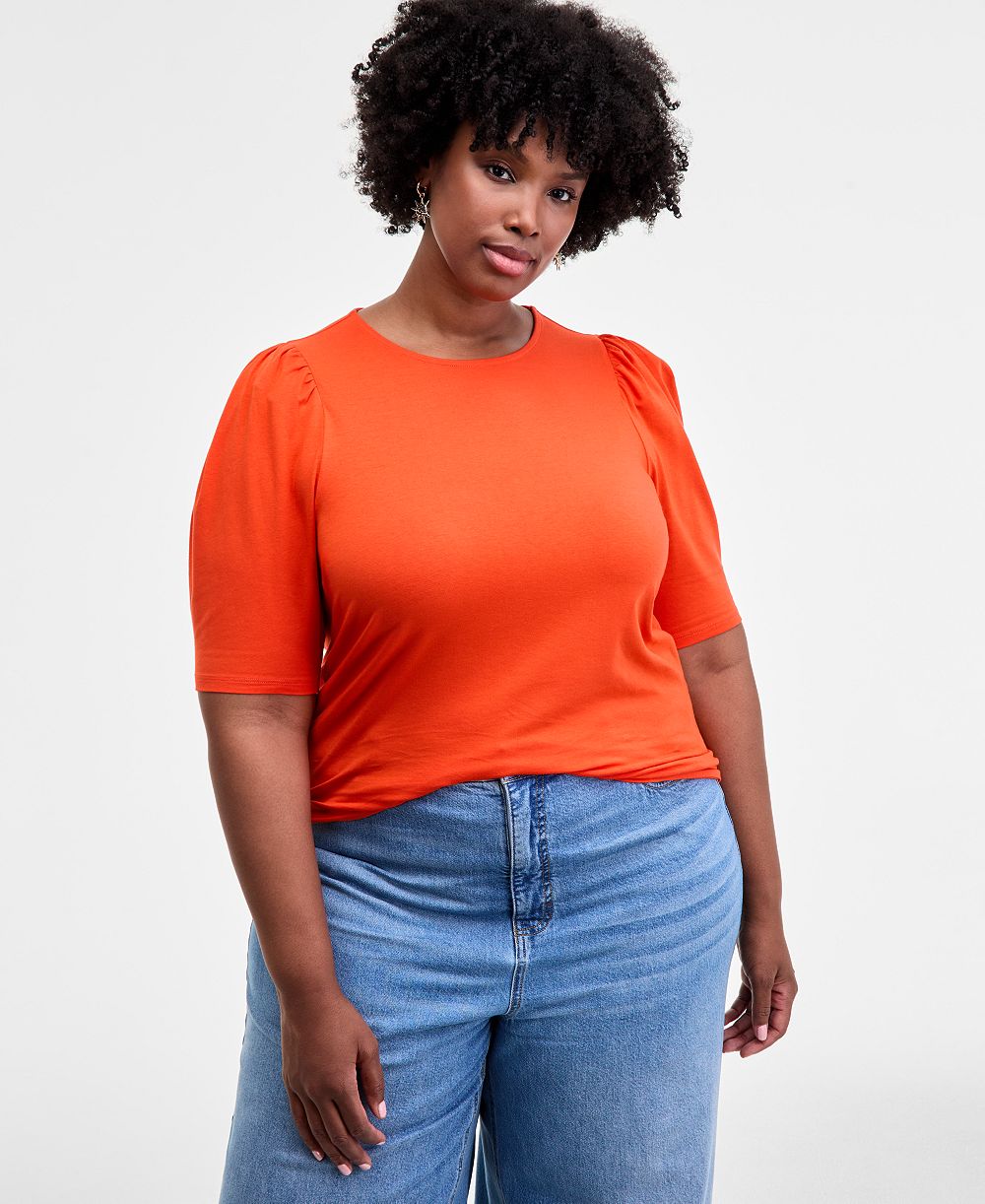 On 34th Trendy Plus Printed Ruched Puff-Sleeve Crewneck Top, Macy's Exclusive
