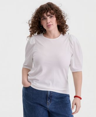 On 34th Trendy Plus Printed Ruched Puff-Sleeve Crewneck Top, Macy's Exclusive