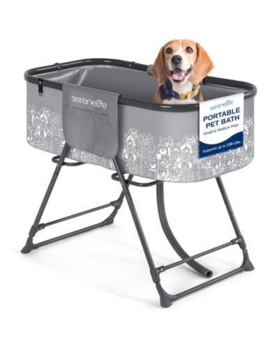 SereneLife Portable Dog Bath Tub with Drain System & Leash Restraint, Gray/Black