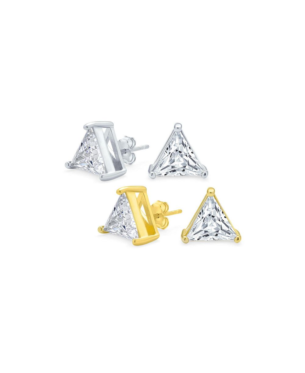 Набор сережек Bling Jewelry из 2 пар, треугольные, с прозрачным фианитом, золотое напыление на стерлинговом серебре