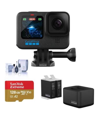 GoPro HERO12 Black Camera Bundle: Waterproof Action Cam with Go Pro Dual Battery Charger, & 2x GoPro Enduro Batteries, and 128GB Micro SD Card