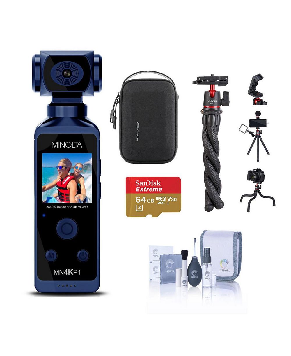Minolta MN4KP1 4K Wi-Fi Pocket Camcorder, Blue with Essential Accessory Kit