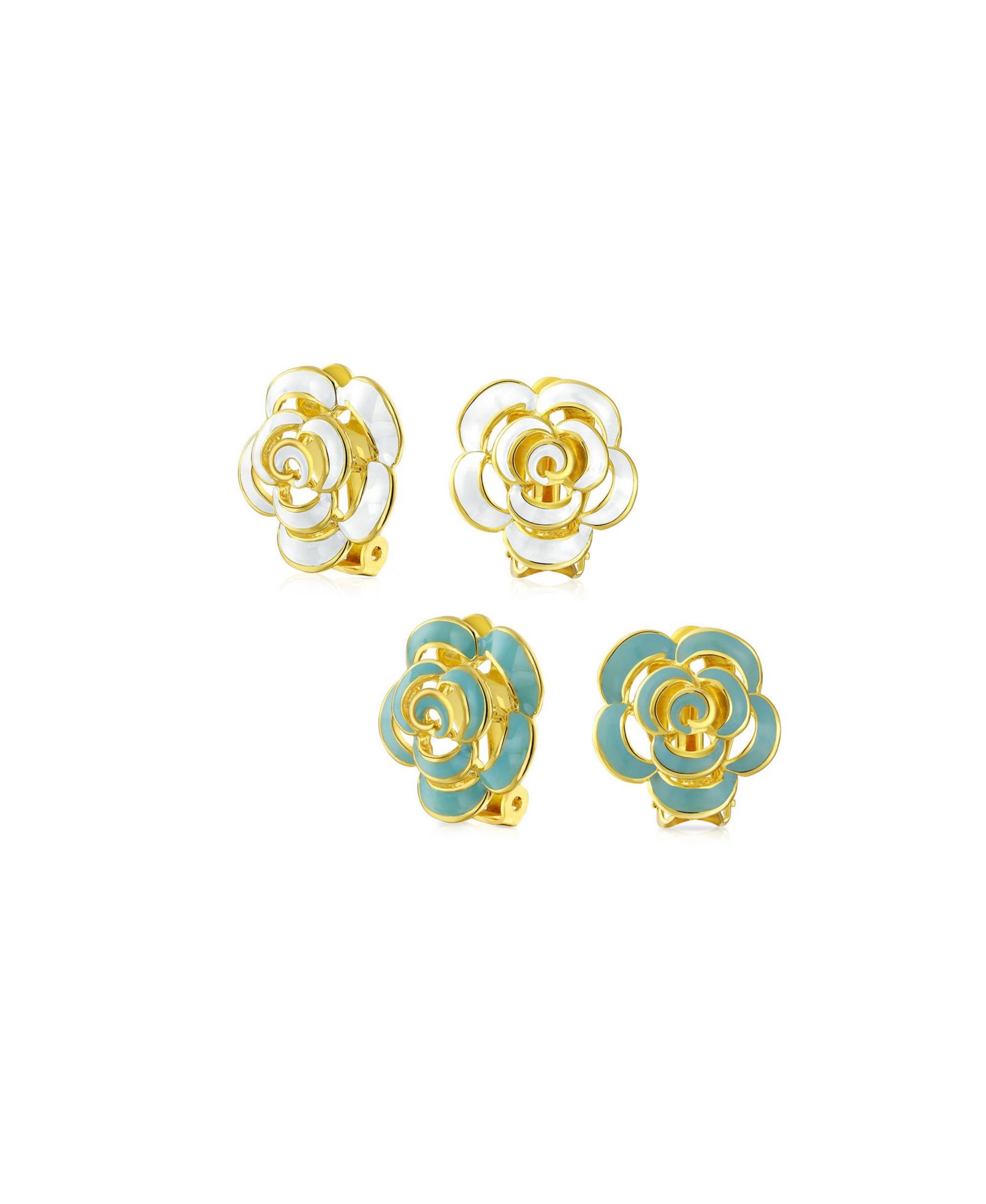 Серьги Bling Jewelry Enamel 3D White Turquoise Blue Rose Flower Clip On с золотым напылением 14K (набор из 2 шт.)