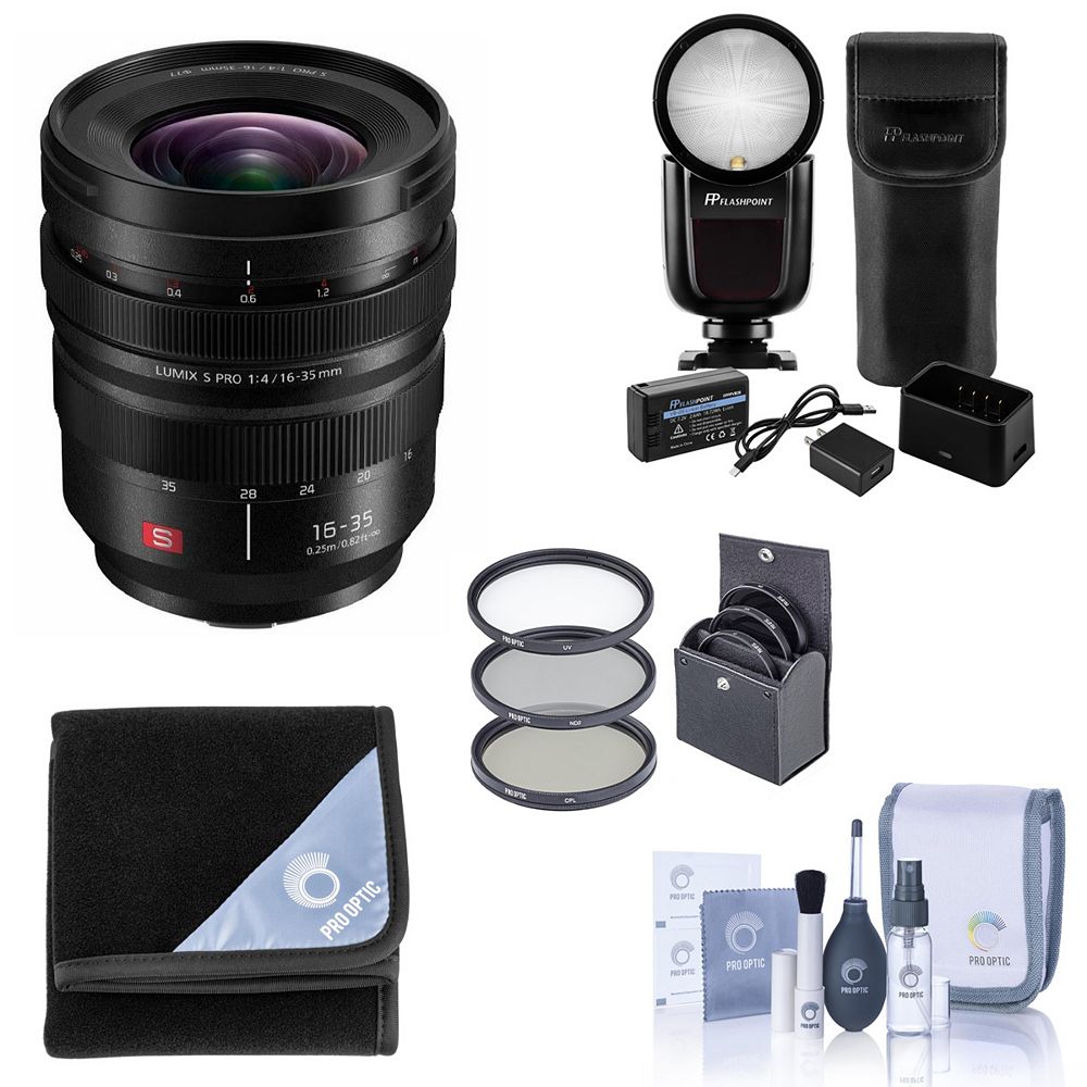Объектив Panasonic LUMIX S PRO 16-35mm f/4 для L Mount, комплект с вспышкой Flashpoint Zoom Li-on X R2 TTL Round Flash Speedlight, набором фильтров 77mm и чехлом