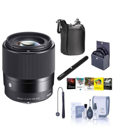 Sigma 30mm f/1.4 DC DN Contemporary Lens for Canon EF-M, Bundle with ProOptic 52mm Filter Kit, PC Lens, Cleaner, Lens Pouch, Cleaning Kit, Cap Keeper