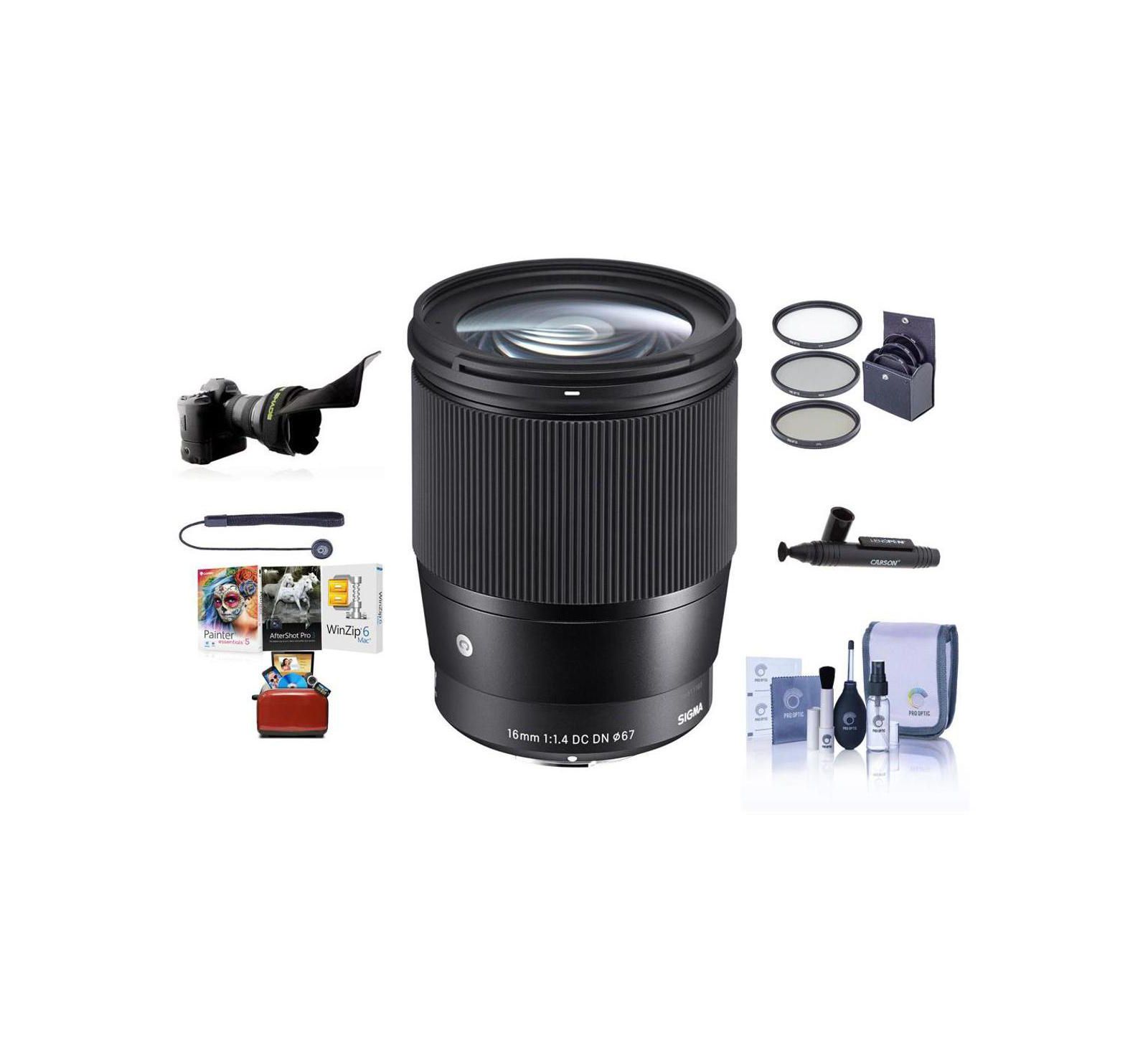 Объектив Sigma 16mm f/1.4 DC DN Contemporary для Sony E, комплект с набором фильтров ProOptic 67mm, набором для чистки, шнурком для крышки объектива, гибким блендой, макросъемкой