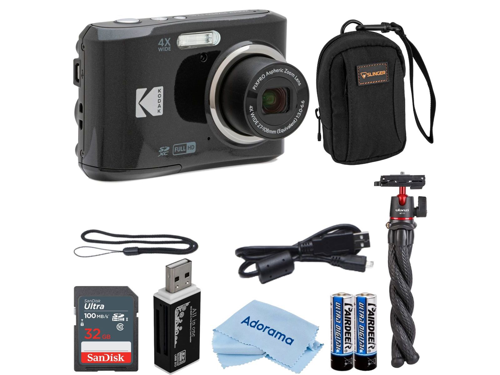 Камера Kodak PIXPRO FZ45, 16 Мп, FHD, черный цвет, с картой 32 ГБ и штативом