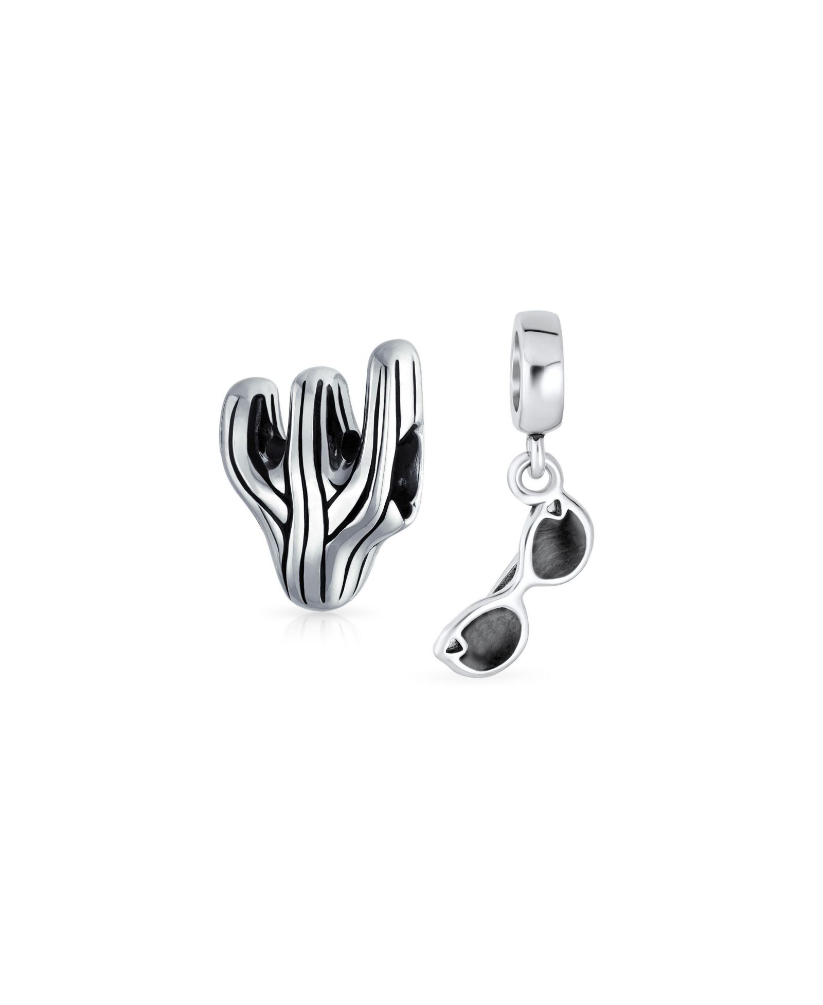 Bling Jewelry Black Desert Cactus Charm Bead for Bracelet .925 Sterling Silver 2 Set
