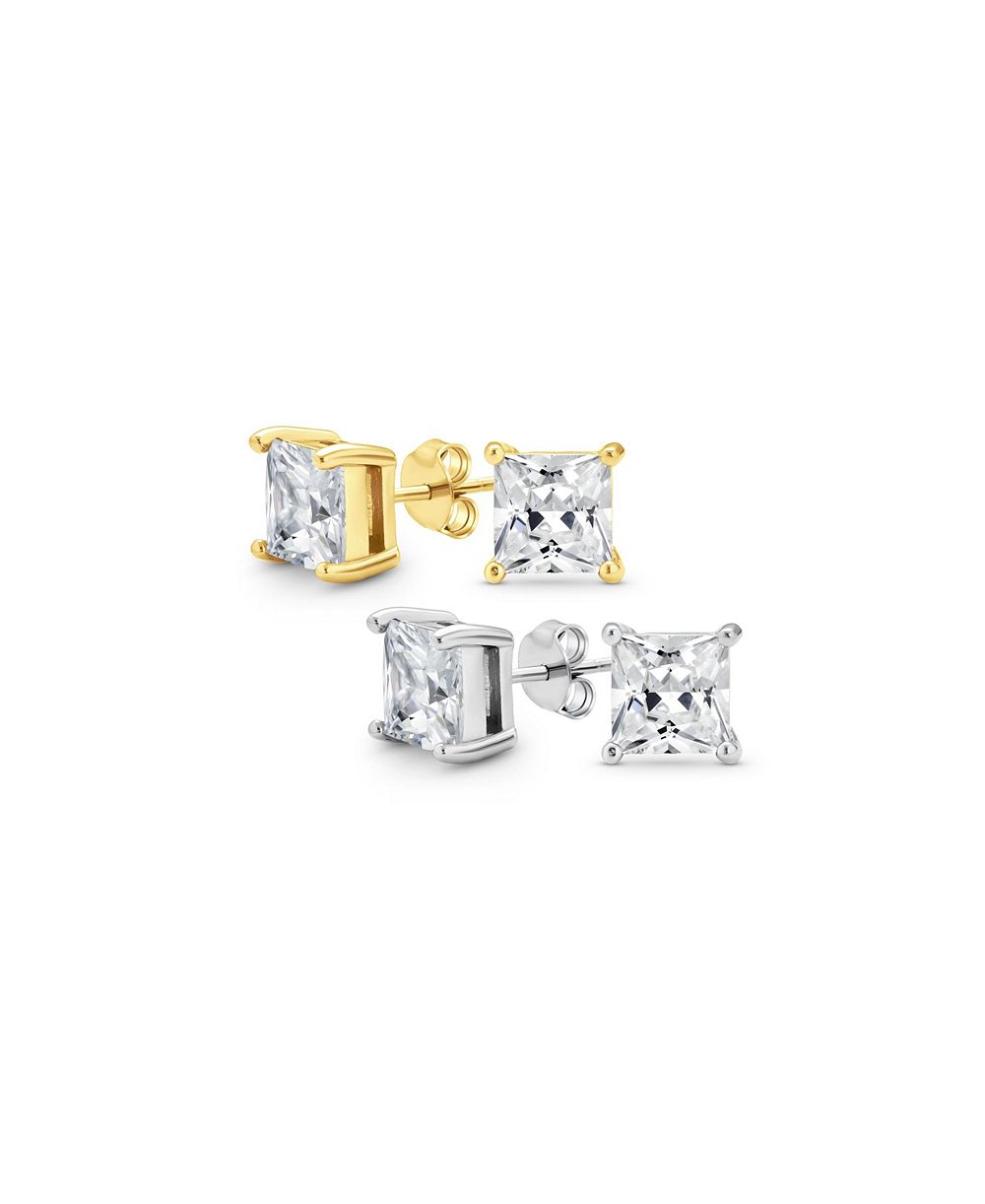 Серьги-гвоздики Bling Jewelry Sterling Silver Square Cut Princess CZ Gold Plated
