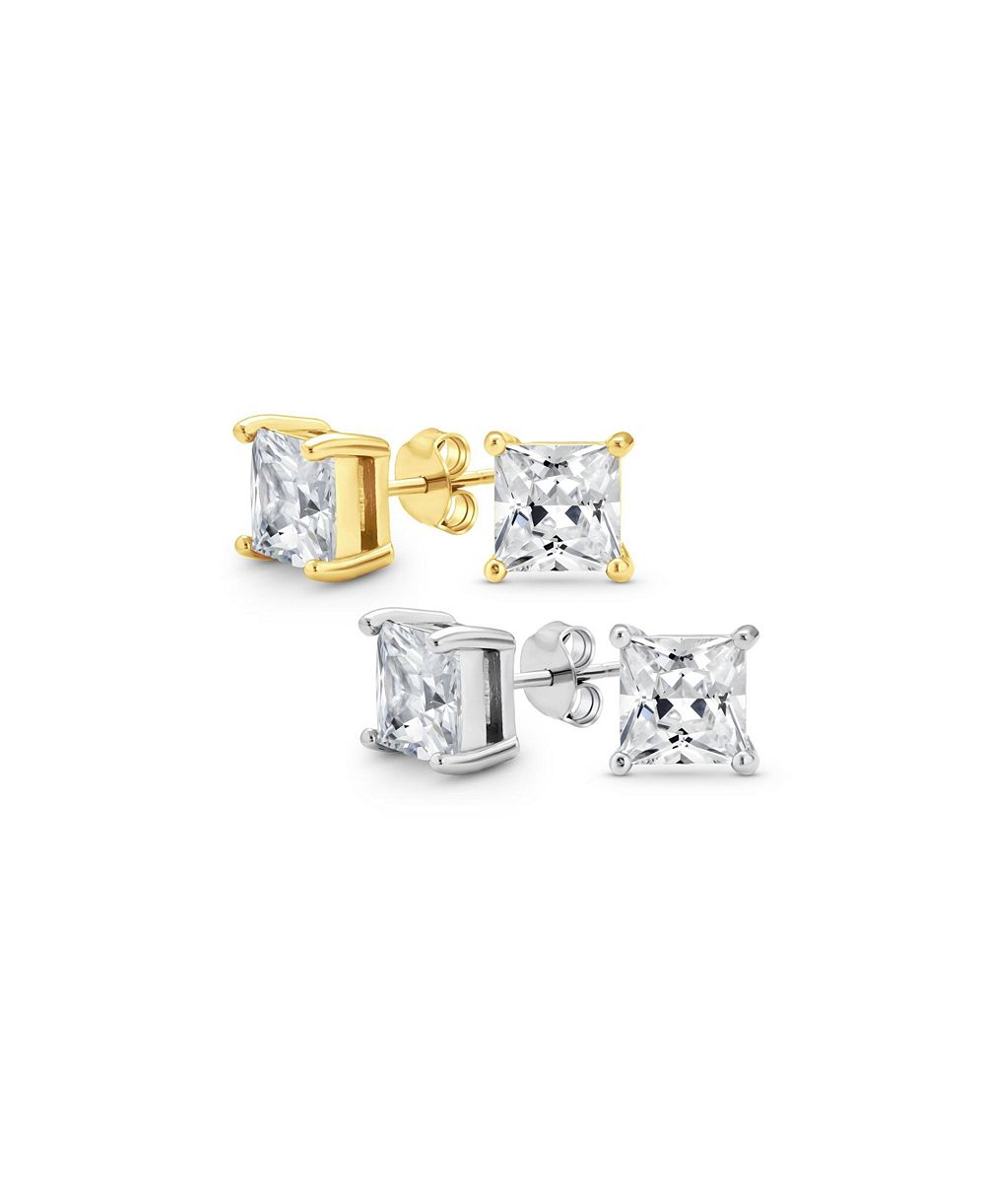 Bling Jewelry серьги-гвоздики Sterling Silver 1CTW Square Princess Cut CZ Solitaire Silver Gold Plated (Set of 2)