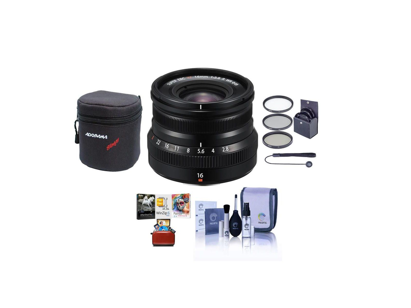 Fujifilm XF 16mm f/2.8 R WR Lens, Bundle with ProOptic 49mm Filter Kit, Lens Case, Cleaning Kit, Lens Cap Tether, Mac Software Package