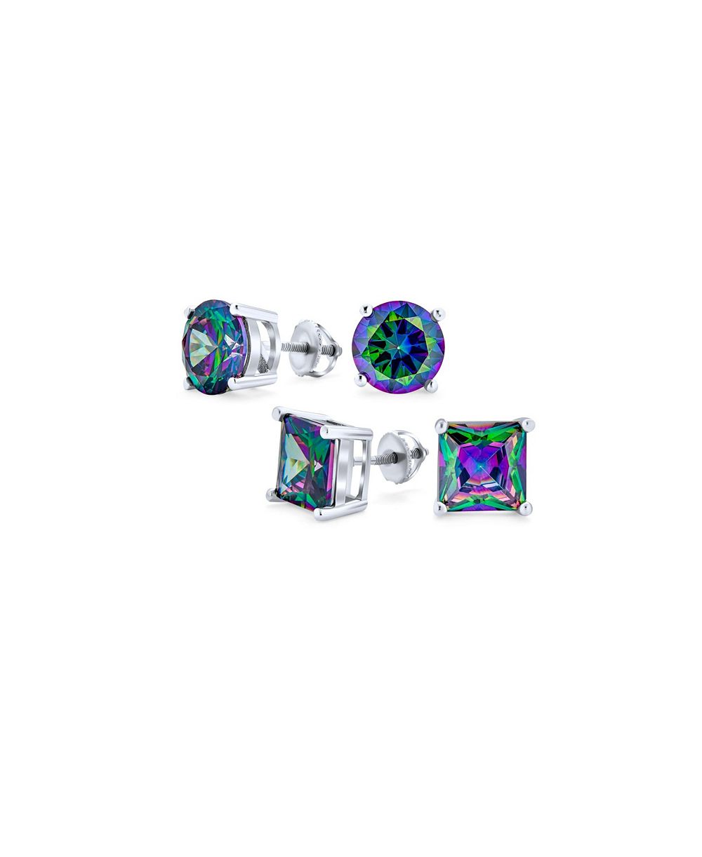 Bling Jewelry комплект из 2 пар серьг-гвоздей, круглые и квадратные, радужный CZ, серебро