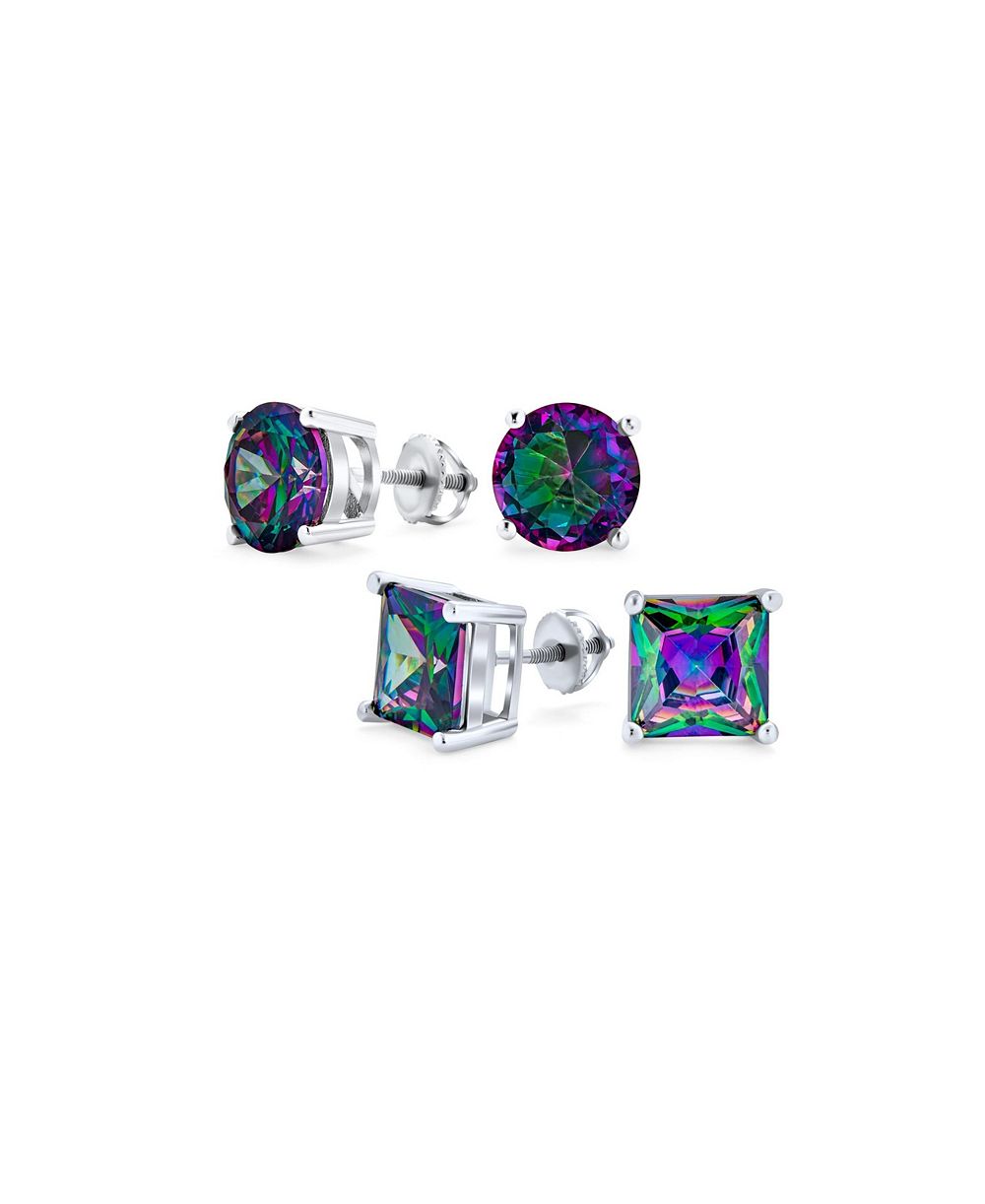 Bling Jewelry Набор из 2 пар круглых и квадратных серег с радужным CZ и винтовой застежкой 5-10MM