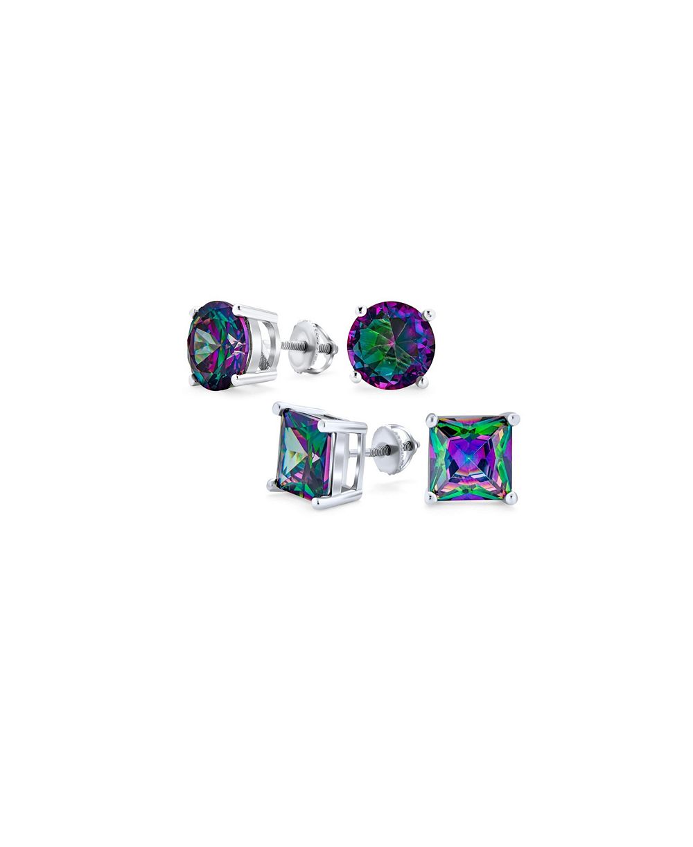 Комплект из 2 пар сережек-гвоздик Bling Jewelry круглых и квадратных с радужным цирконием, серебро, винтовая задняя часть, 5-10 мм
