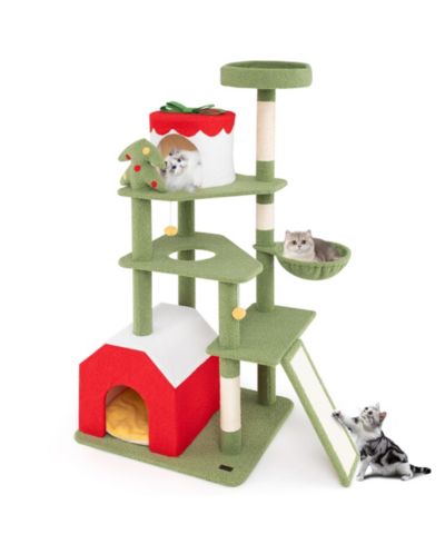 Gymax 61'' Tall Christmas Cat Tree w/ Sisal Scratching Posts Plush Perch and 2 Condos