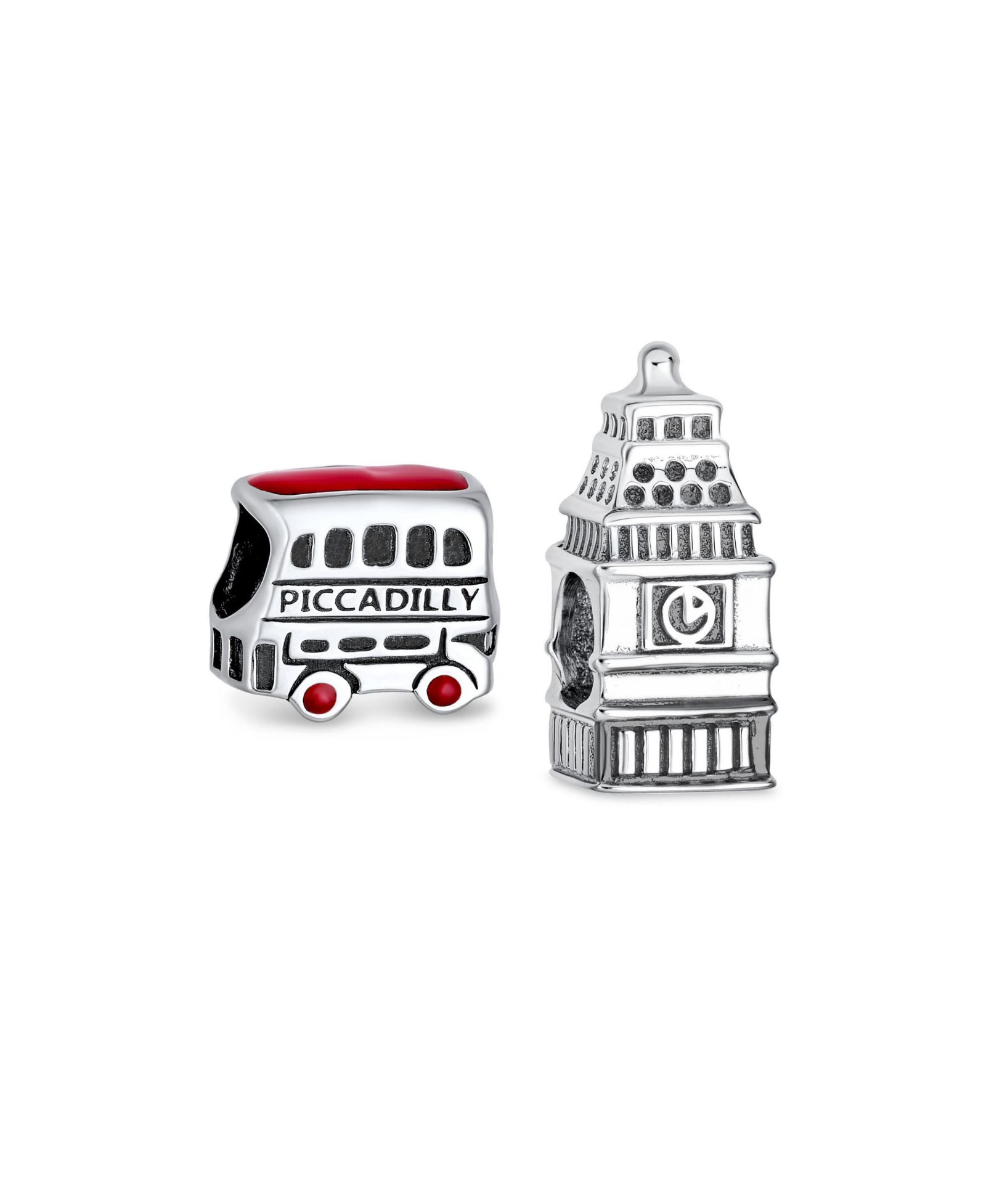 Bling Jewelry Double Decker Bus Charm Bead for Bracelet .925 Sterling Silver 2 Set