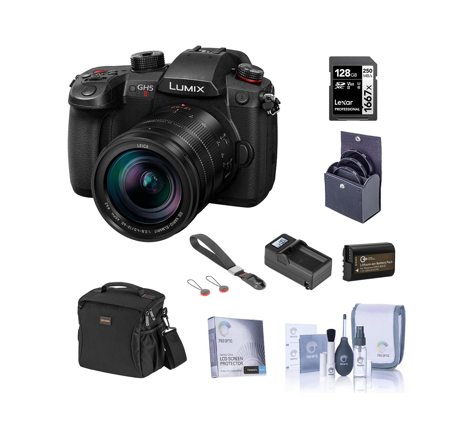 Panasonic LUMIX GH5II Mirrorless Camera with Leica 12-60mm f/2.8-4.0 Lens Bundle with 128GB SD Card, Bag, Extra Battery, Charger, Wrist Strap, Filter
