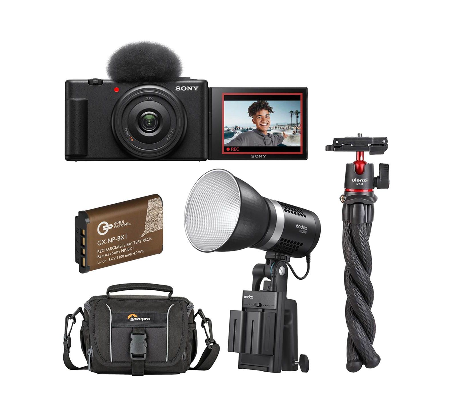 Sony ZV-1F 4K Vlogging Camera, LED Light, Shoulder Bag, Battery and Tripod, 5-Piece Bundle