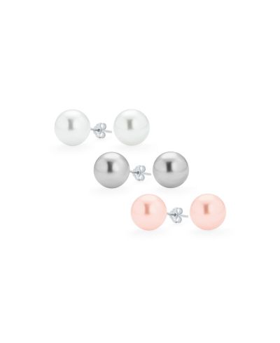 Bling Jewelry Classic Grey, Pink, White Faux Pearl Ball Stud Earrings 12MM  3-Set