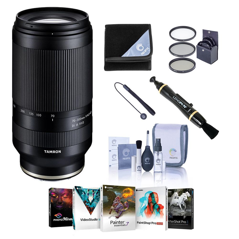 Tamron 70-300mm f/4.5-6.3 Di III RXD Lens for Sony E, Bundle with ProOptic 67mm Filter Kit, Lens Wrap, Lens Cap Tether, Cleaning Kit, PC Software Kit