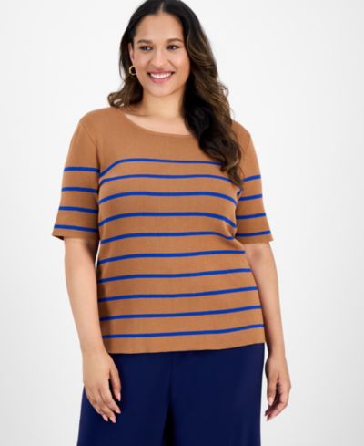 Женский топ Tahari ASL Plus Size Striped Short-Sleeve Top