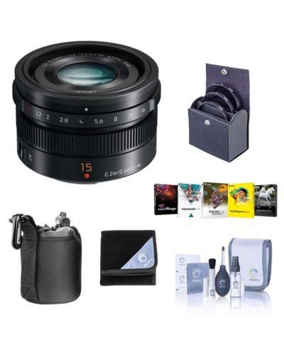 Panasonic Lumix G Leica DG Summilux 15mm f/1.7 Asph объектив для Micro Four Thirds, Black, комплект с набором фильтров Bower 46mm, ProOptic 46mm, объектив