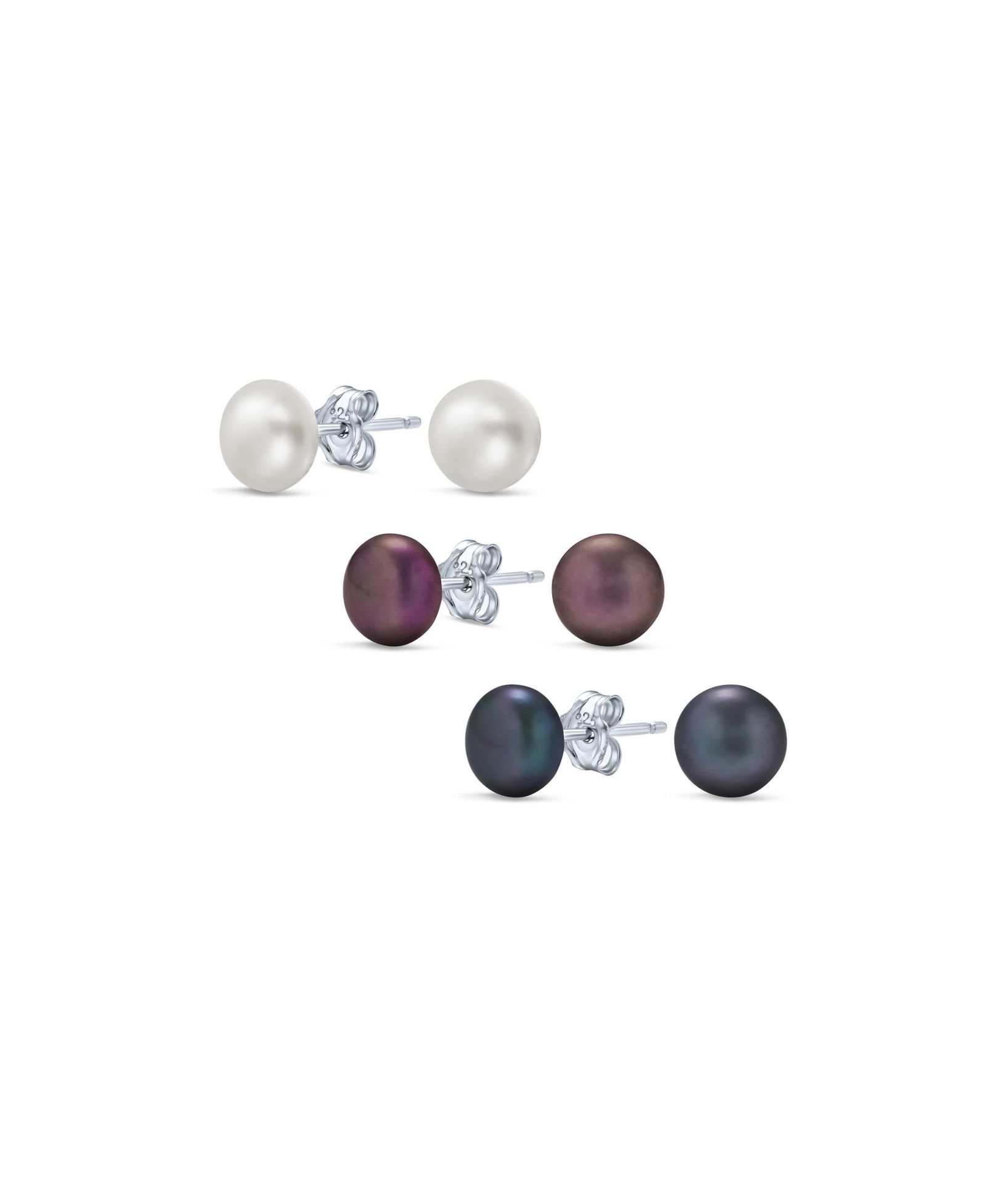 Bling Jewelry Набор из 3 пар сережек-гвоздиков с пресноводным жемчугом белого, черного и коричневого цветов на штифте из стерлингового серебра