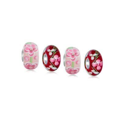 Браслет Bling Jewelry Sterling Silver Pink Hibiscus Flower Red Cherry Blossom Glass Charm Bead (Set of 4)