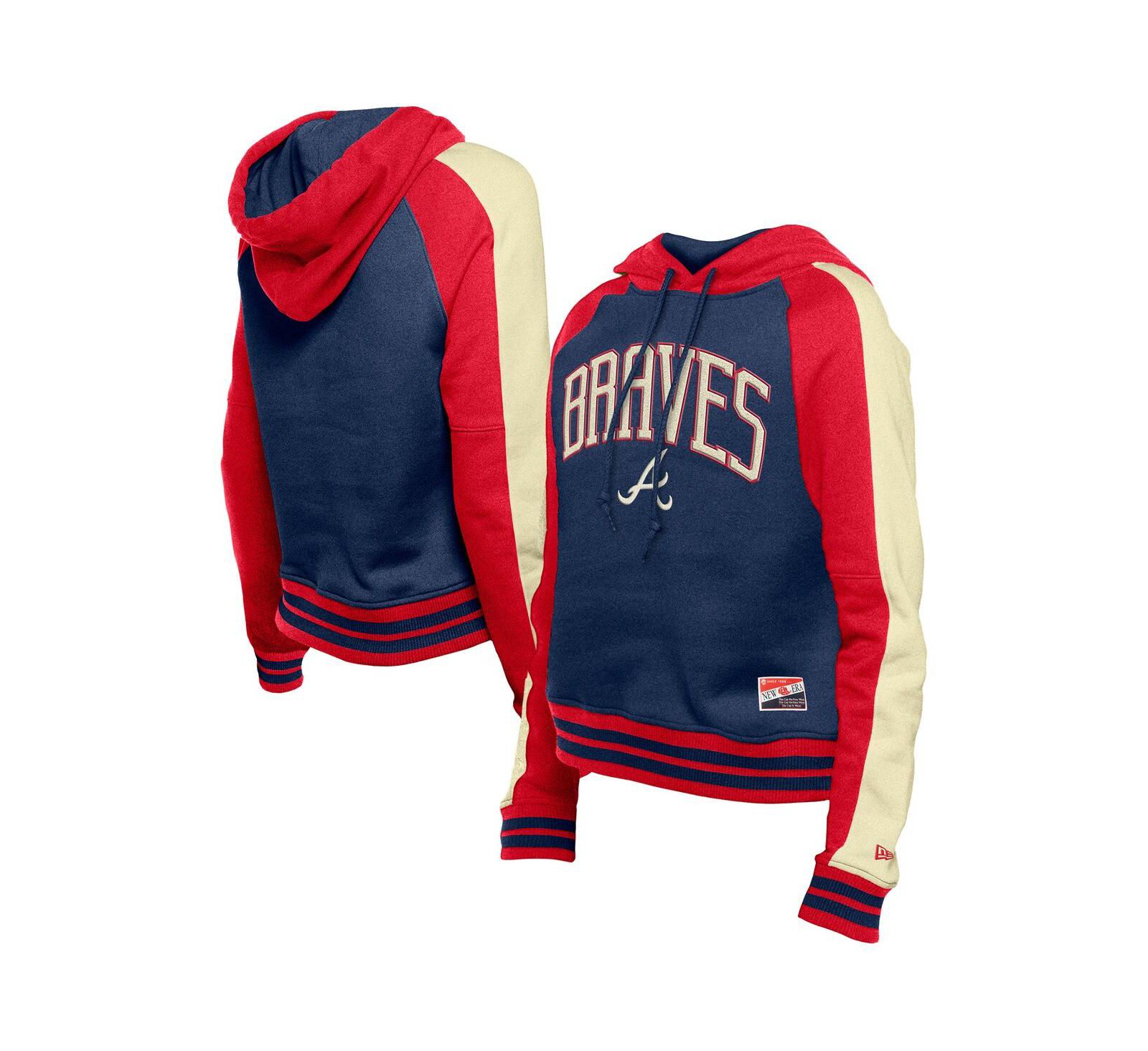 New Era Women's Navy Atlanta Braves Cooperstown Collection Cropped Raglan Pullover Hoodie