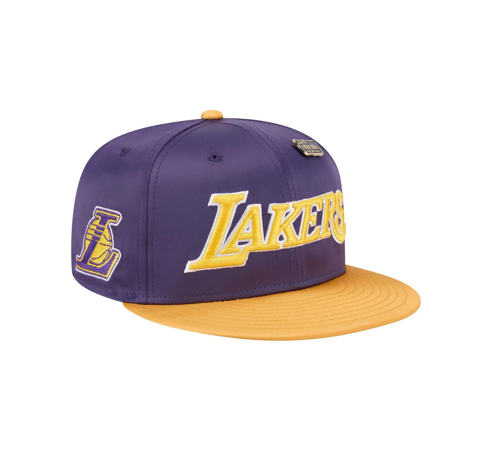 New Era Men's Purple/Gold Los Angeles Lakers Throwback Satin Vintage Pin Two-Tone 59FIFTY Fitted Hat