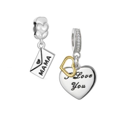 Bling Jewelry Envelope and Heart Word "MAMA and I LOVE YOU" Charm Bead Sterling Silver Set