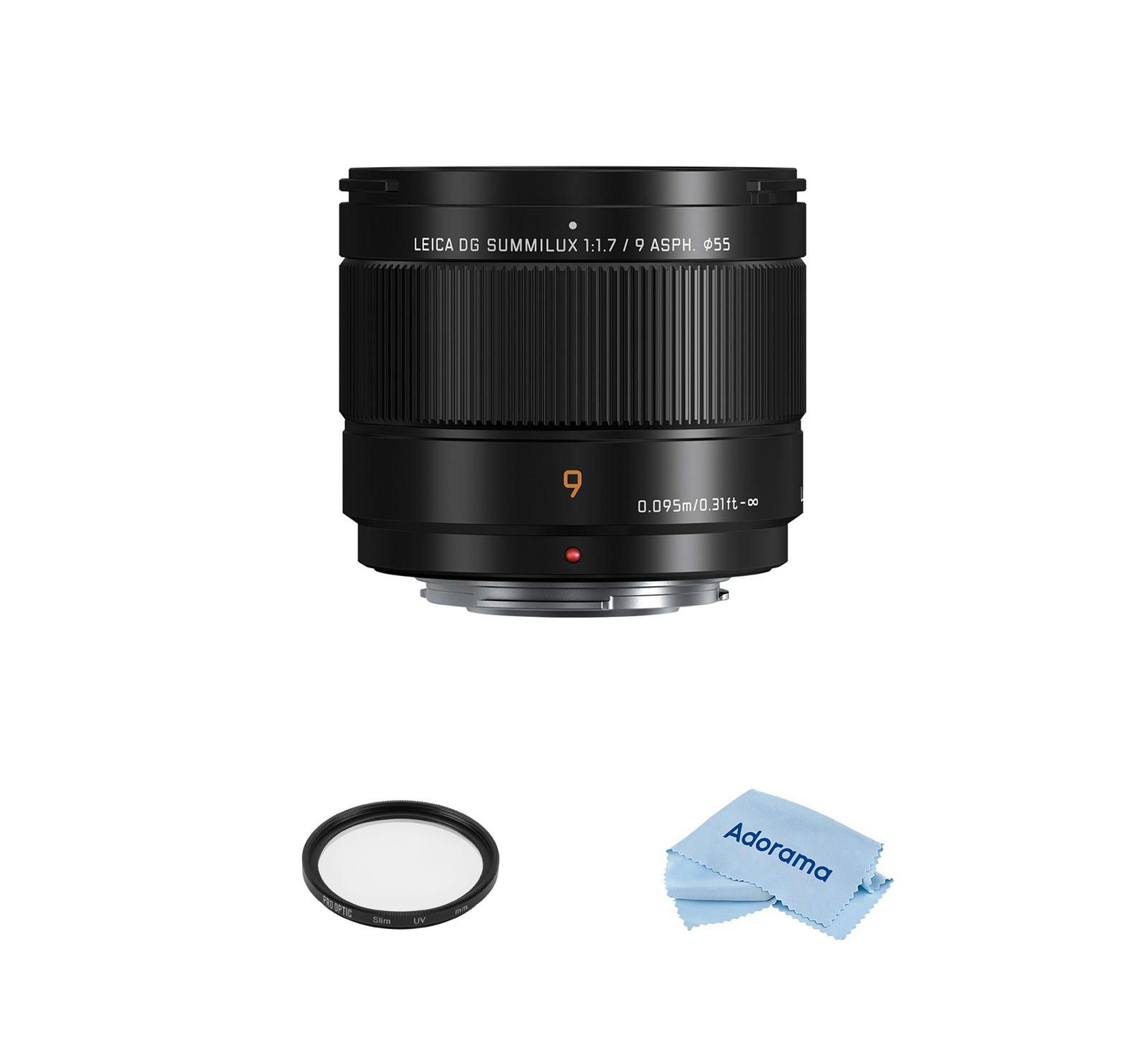 Panasonic Lumix G Leica DG Summilux 9mm f/1.7 Aspherical Lens for Micro Four Thirds Bundle with 55mm UV Filter, Microfiber Cleaning Cloth