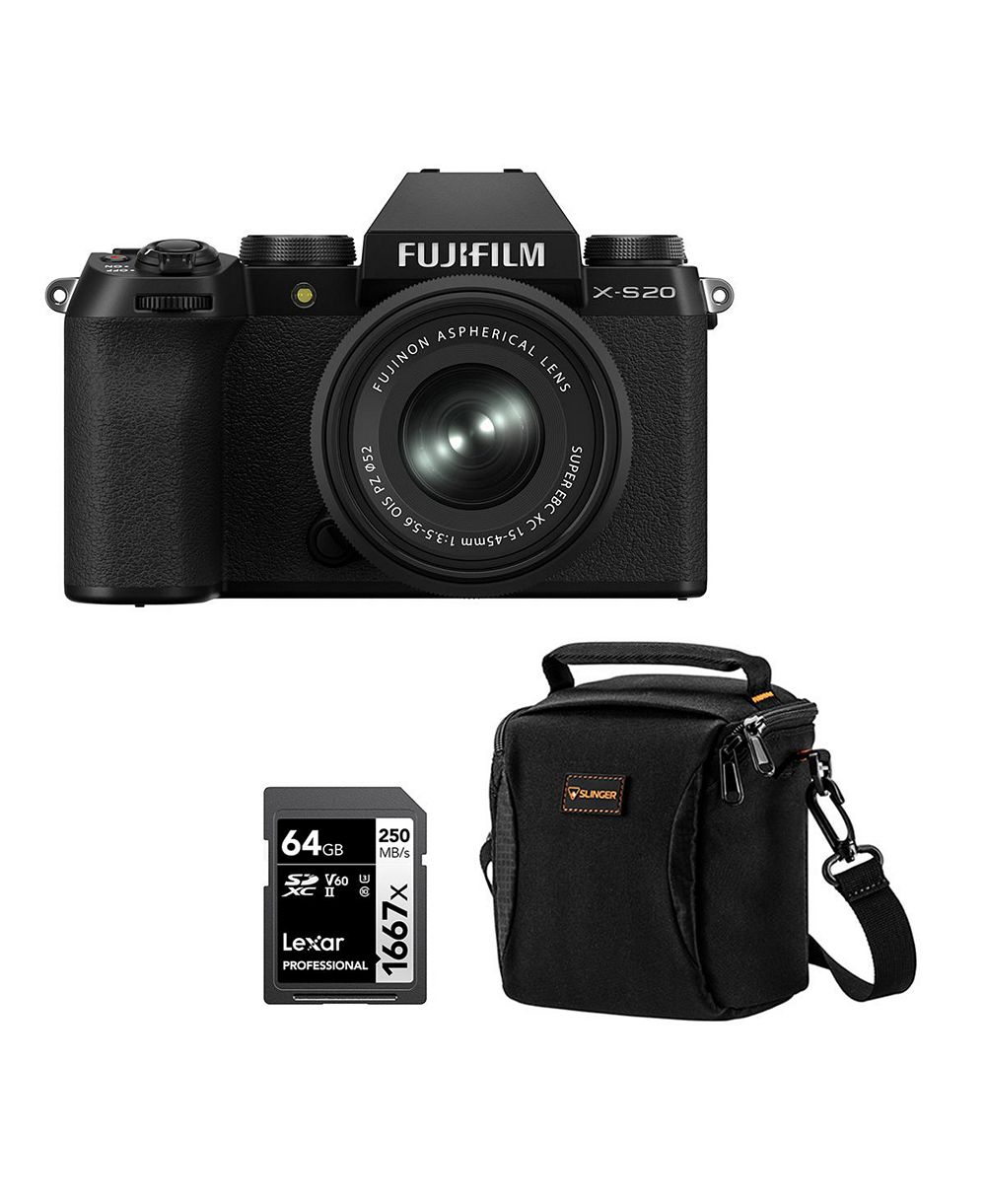 Fujifilm X-S20 Mirrorless Camera with XC 15-45mm f/3.5-5.6 OIS PZ Lens, Black, Bundle with 64GB Memory Card and Shoulder Bag