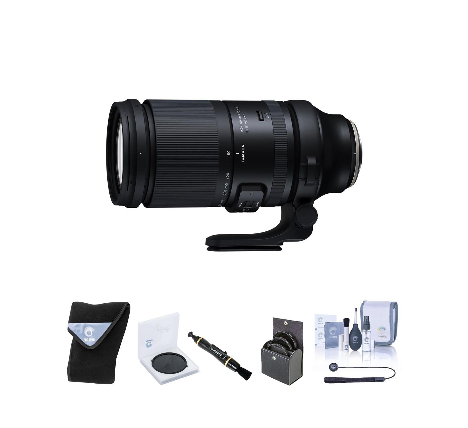 Tamron объектив 150-500mm f/5-6.7 Di III VC VXD для Fujifilm X в комплекте с набором фильтров 82 мм, фильтром ND 82 мм, чехлом для объектива, средством для чистки и набором для ухода