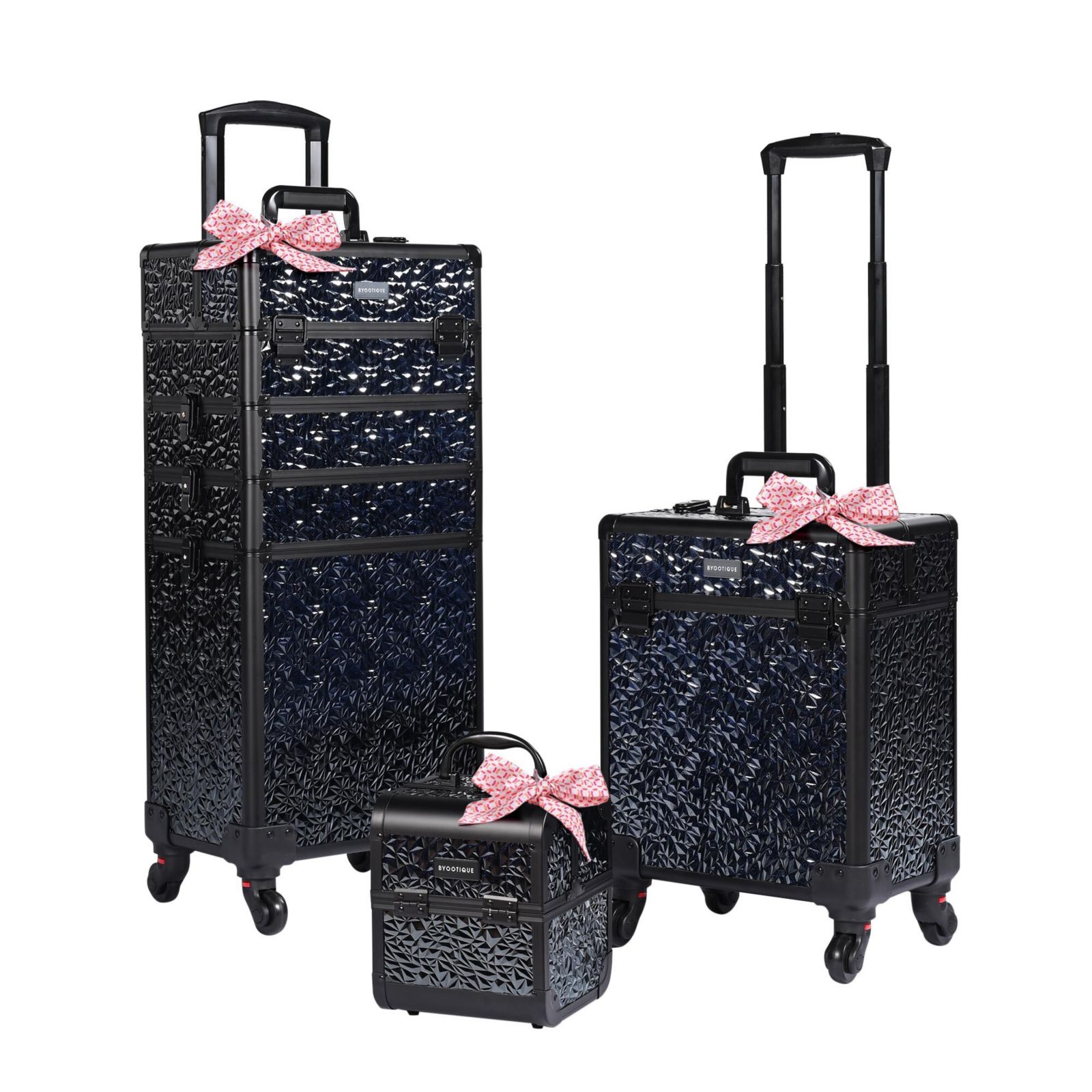 Byootique Rolling Makeup Train Case 3-Piece Cosmetic Organizer Kit Trolley Organizer Lockable with Wheels for Makeup Artist, Mermaid Black